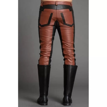 Men Fashion Contrast Color Genuine Black and Brown Leather Pants - Wiseleather