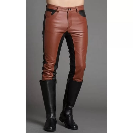 Men Fashion Contrast Color Genuine Black and Brown Leather Pants - Wiseleather