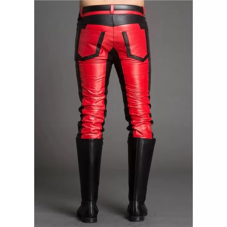 Men Fashion Contrast Color Genuine Black and Red Leather Pants - Wiseleather