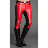 Men Fashion Contrast Color Genuine Black and Red Leather Pants - Wiseleather