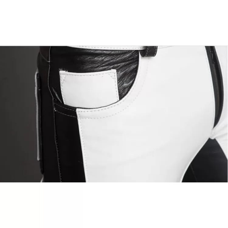 Men Fashion Contrast Color Genuine Black and White Leather Pants