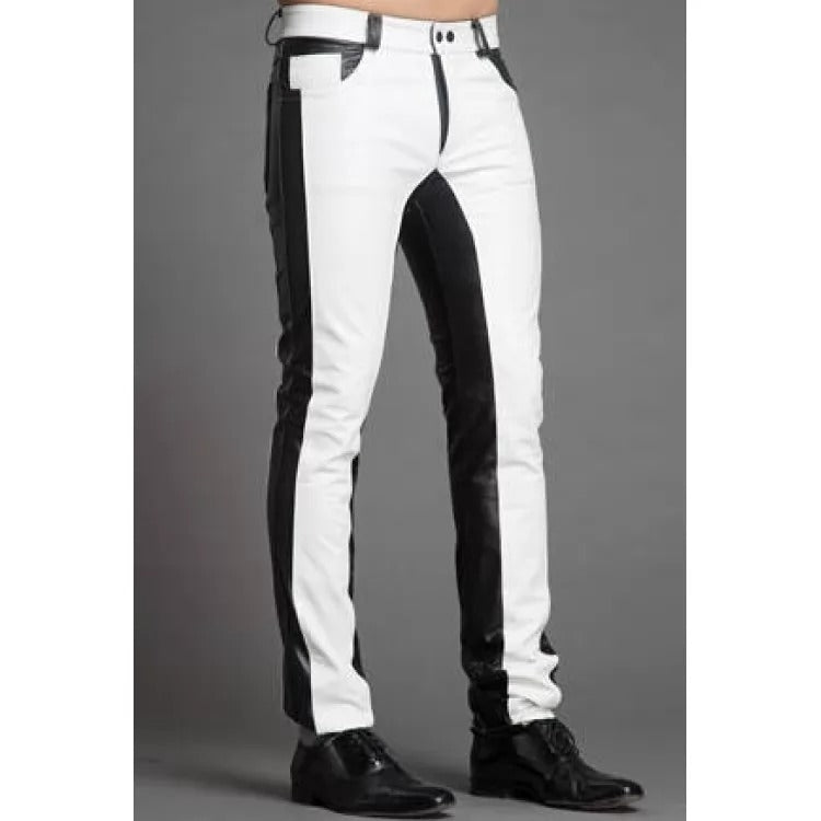 Men Fashion Contrast Color Genuine Black and White Leather Pants - Wiseleather