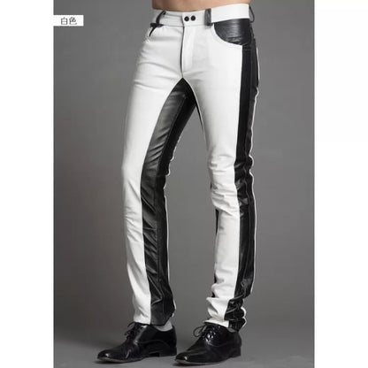 Men Fashion Contrast Color Genuine Black and White Leather Pants - Wiseleather