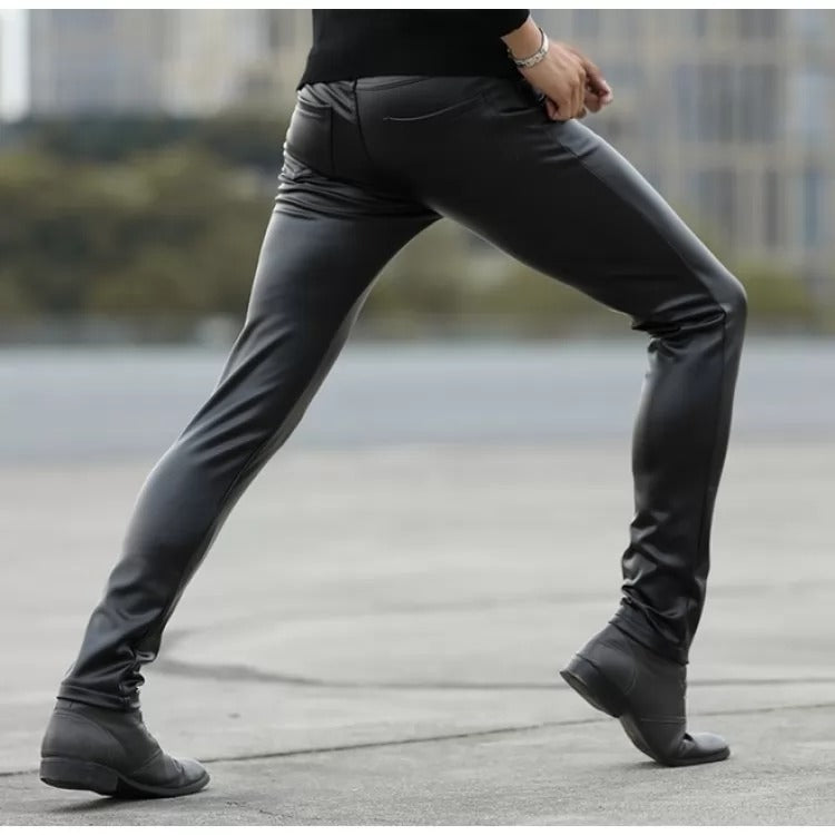 Men Fashionable Young Tight Genuine Black Leather Pants - Wiseleather