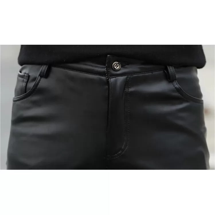 Men Fashionable Young Tight Genuine Black Leather Pants - Wiseleather