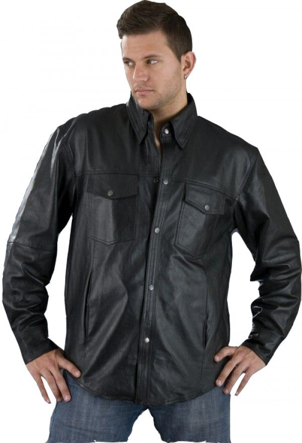 Mens Leather Shirt Jacket - Black Leather Shirt for Men