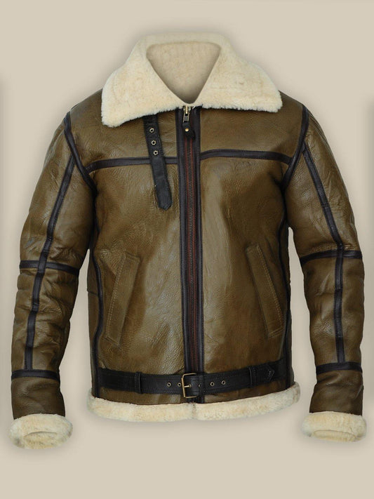 Army Greenish Brown Shearling Leather Jacket