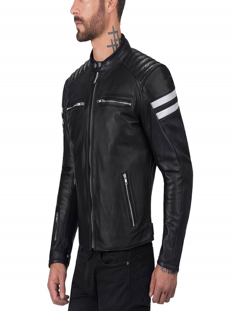Men Black Jacket With White Strips | Black Leather Jacket Mens