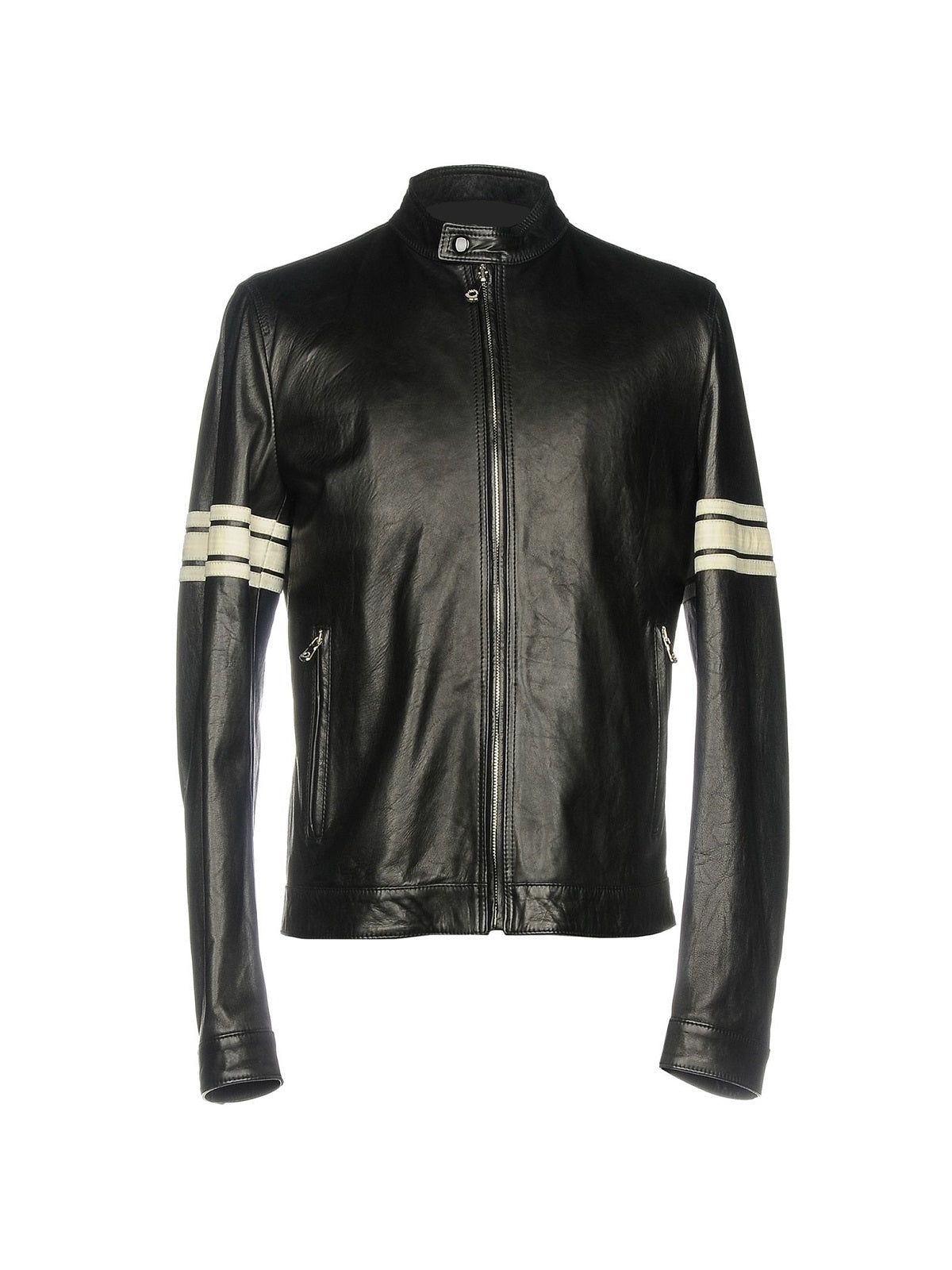 Men Black Leather Jacket With White Strips