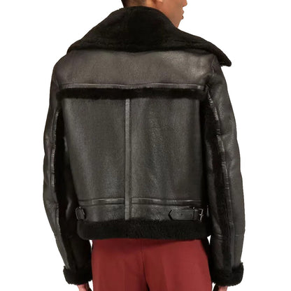 mens black shearling leather jacket back