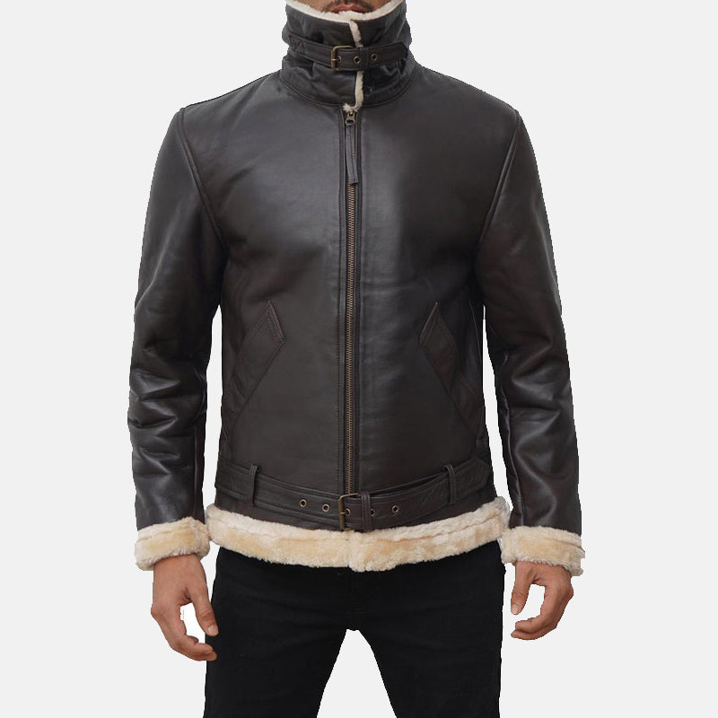 mens shearling brown leather bomber jacket