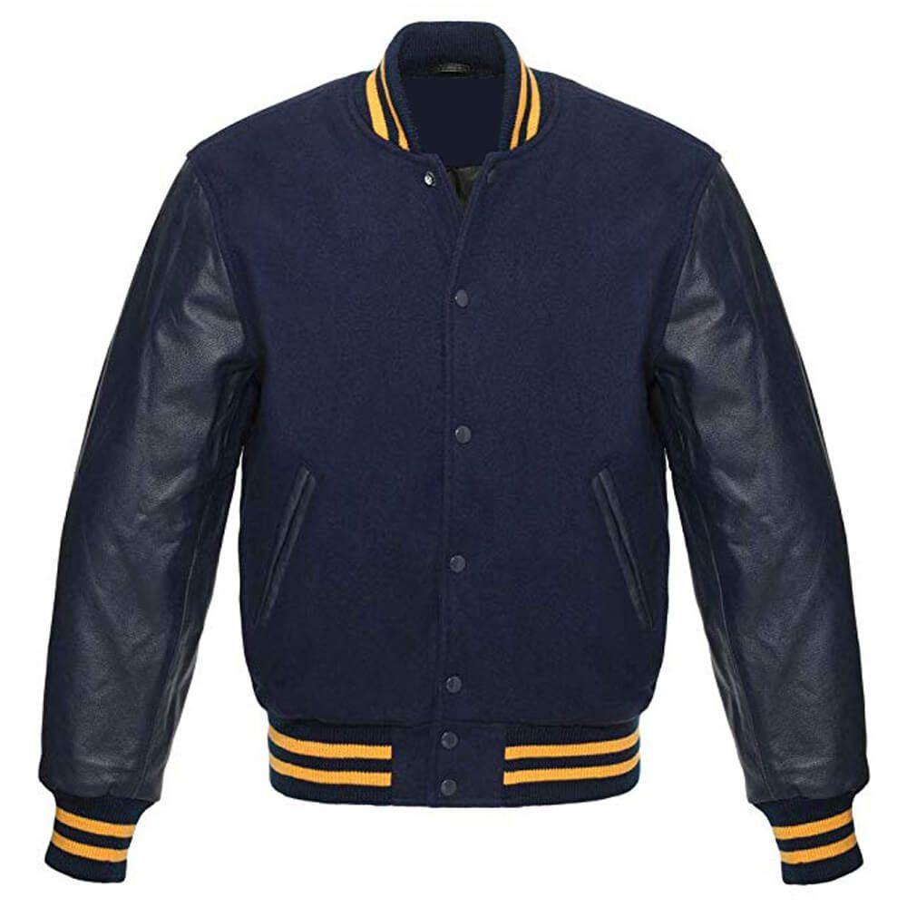 Navy Blue Men's Varsity Jacket with Golden Stripes