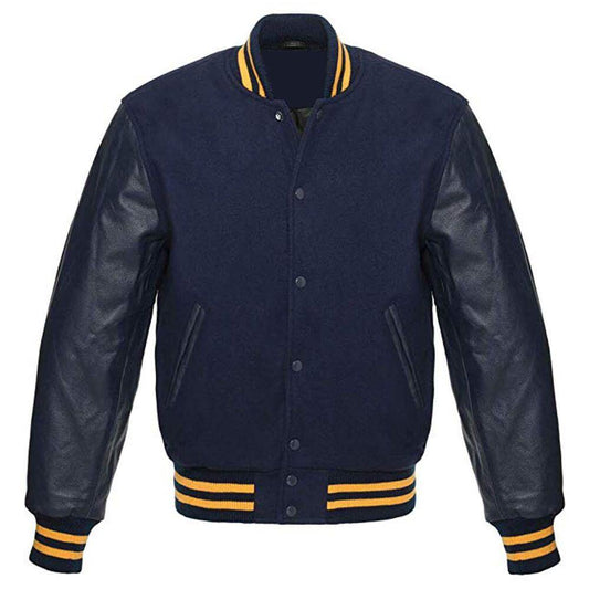 Navy Blue Men's Varsity Jacket with Golden Stripes