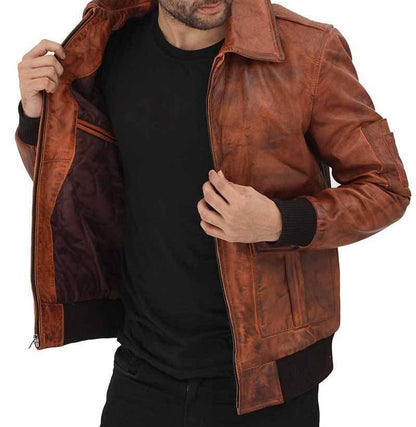 Tan Bomber Distressed Leather Jacket - Wiseleather
