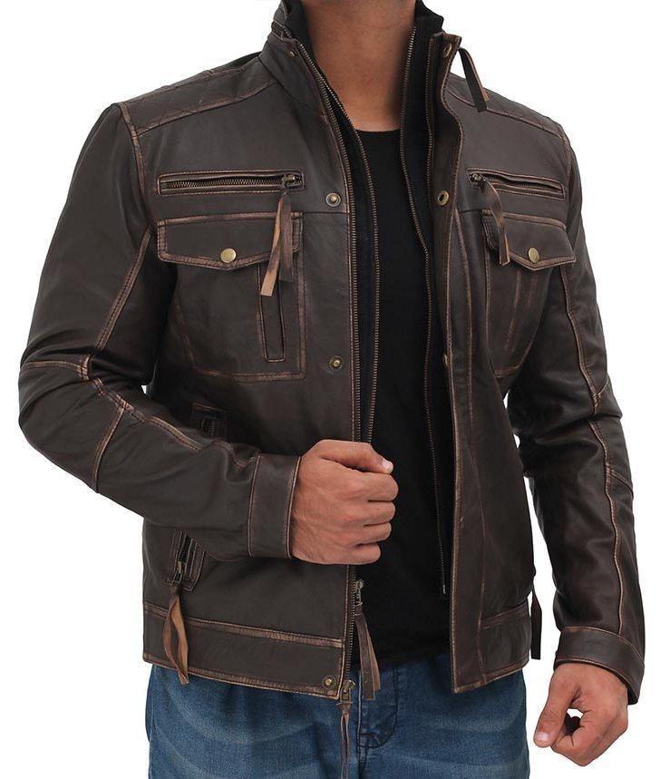 Elegant Dark Brown Leather Jacket with Snap Button and Zip Closure