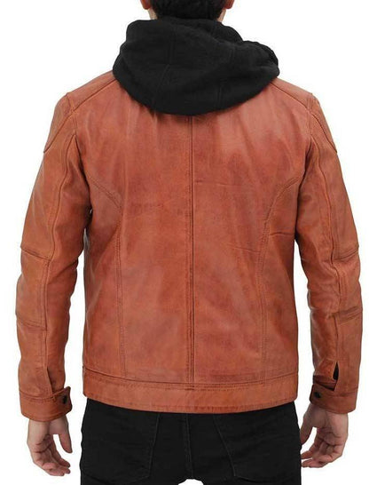 Mens Hooded Tan Brown Leather Jacket - Wiseleather