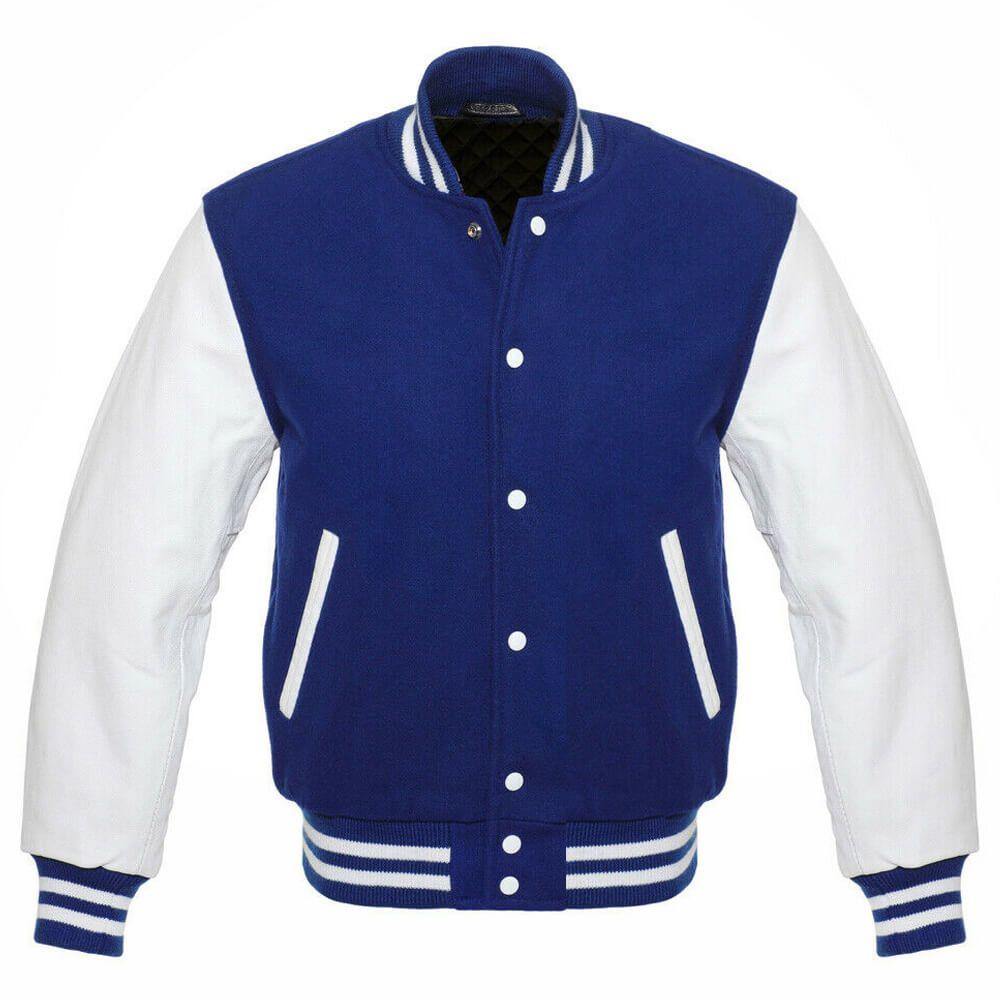Custom Royal Blue Varsity Jacket with White Leather Sleeves