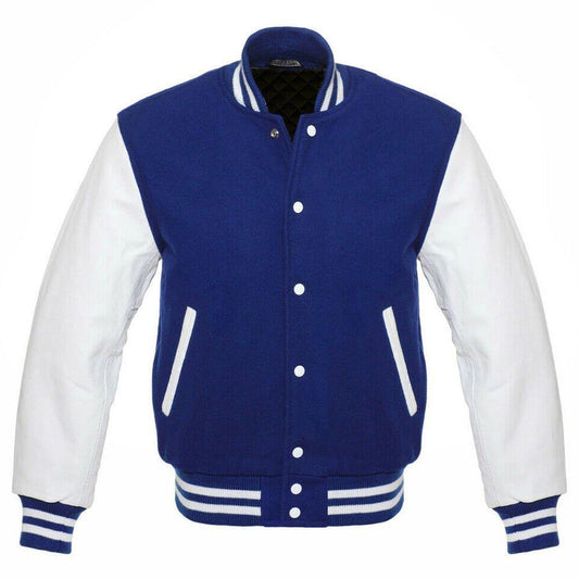 Custom Royal Blue Varsity Jacket with White Leather Sleeves