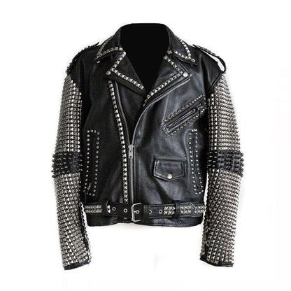 New Men’s Full Black Punk Silver Spiked Studded Cowhide Leather Jacket - Wiseleather