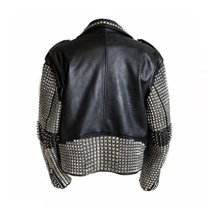 New Men’s Full Black Punk Silver Spiked Studded Cowhide Leather Jacket - Wiseleather