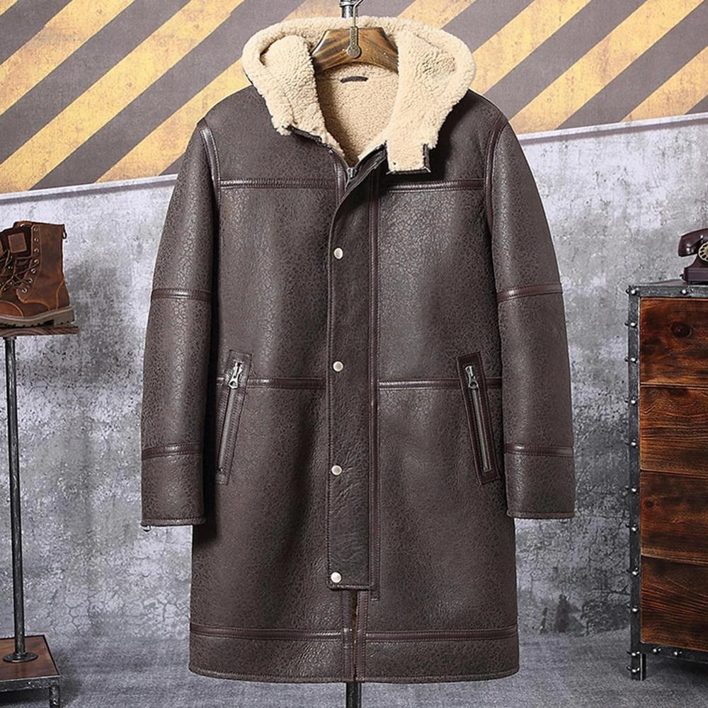 Mens B3 Shearling Hooded Sheepskin Long Fur Coat  and jacket