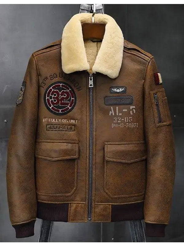 Mens B3 Flying Leather Coat Embroidered Bomber Jacket