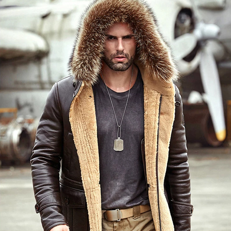 Shearling Coat Brown for Mens New Winter Fur Collar Leather Jacket 2022
