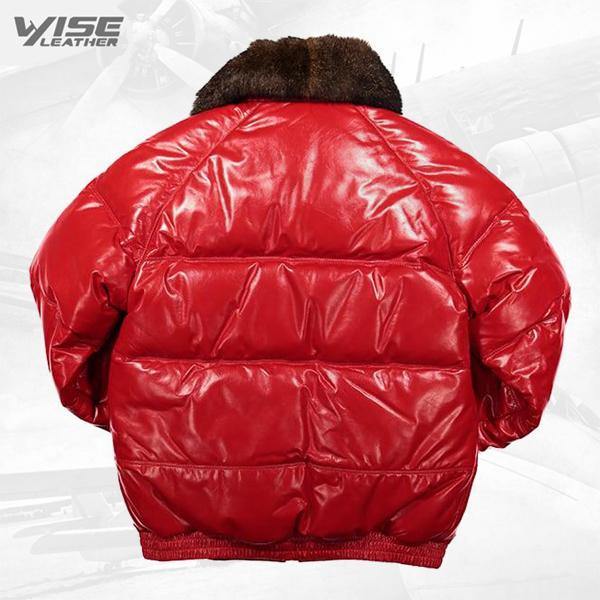 Men's Straight-Cut Red Leather Bomber Jacket