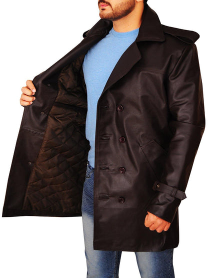 Men Brown Leather Peacoat - Wiseleather