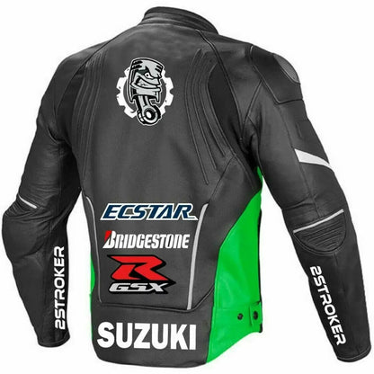 Suzuki GSXR Motorcycle Black And Green Leather Jacket Back