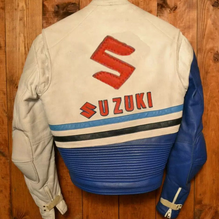 Suzuki Motorcycle White And Blue Racing Leather Jacket Back