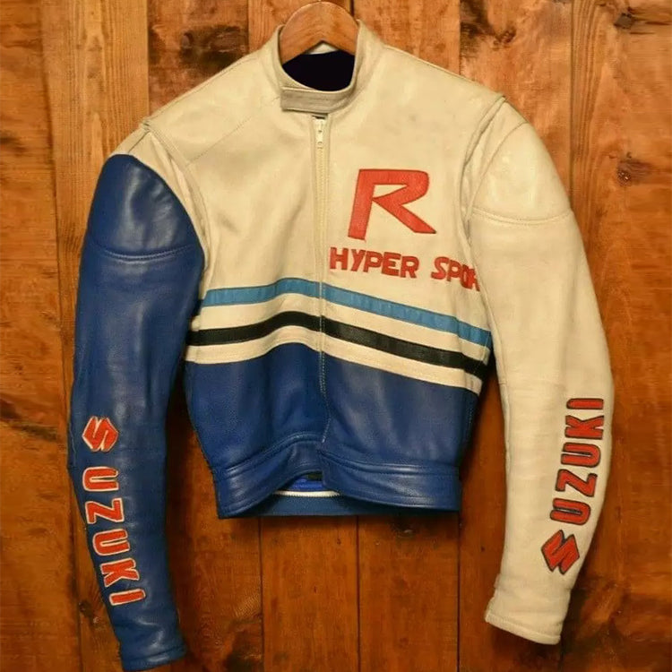 Suzuki Motorcycle White And Blue Racing Leather Jacket