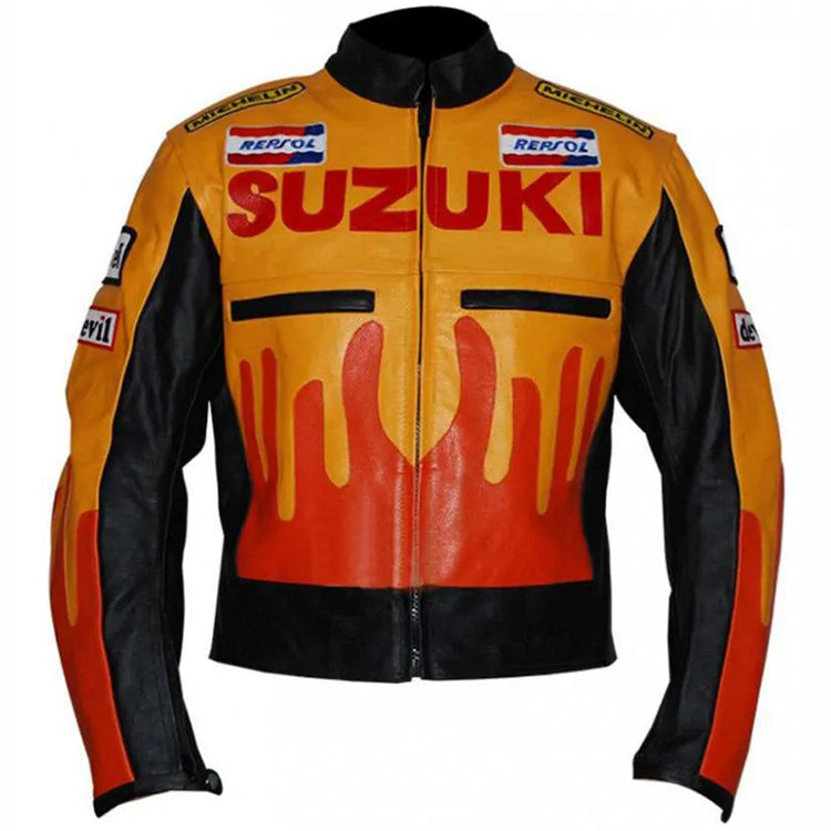 Suzuki Repsol Motorcycle Michelin Fire Flame Racing Leather Jacket