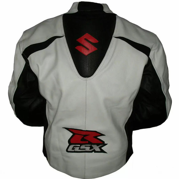 Suzuki White Leather Black Red Stripe Motorcycle Jacket Back