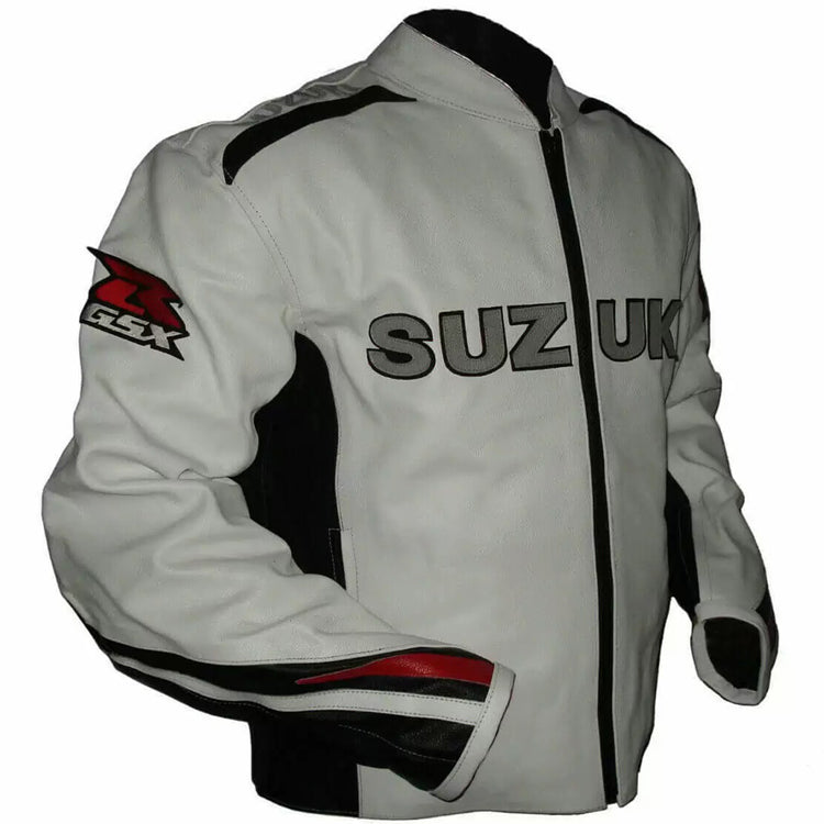 Suzuki White Leather Black Red Stripe Motorcycle Jacket