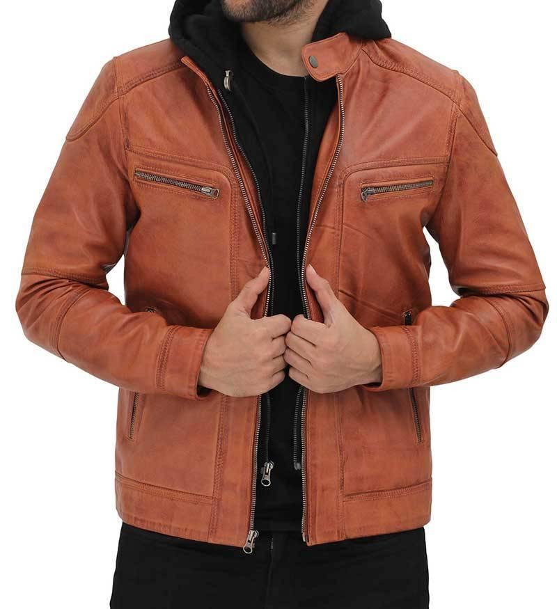 Mens Hooded Tan Brown Leather Jacket - Wiseleather