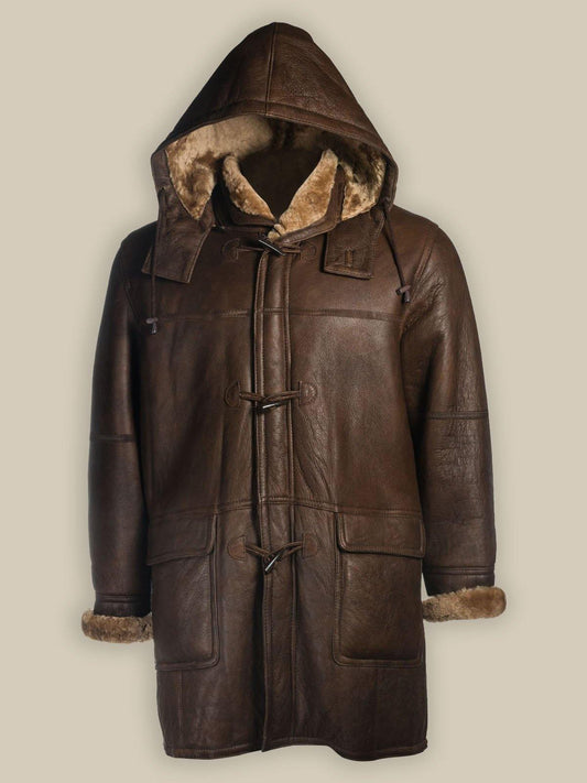 Men's Brown Shearling Leather Hoodie Coat
