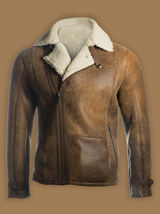 Men's Brown Distressed Shearling Jacket - Aviator Jacket