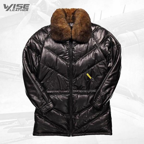 V-Series Black Leather Bomber Coat with Fox Collar
