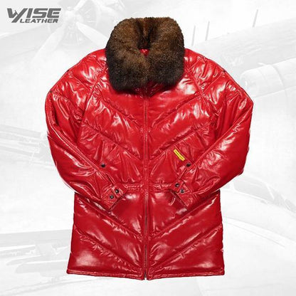 Red Leather Bomber Coat with Fox Collar for Men
