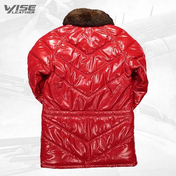 Men's V-Series Red Leather Bomber Coat with Fox Collar