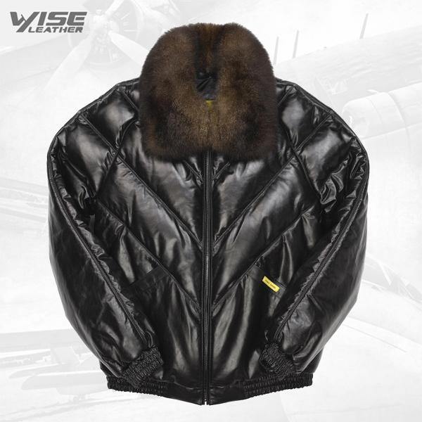 Men's V-Bomber Black Leather Jacket
