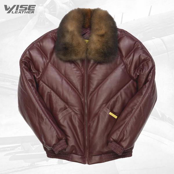 Men's V-Bomber Burgundy Leather Jacket