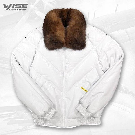 V-Bomber Leather Jacket Off White - Wiseleather