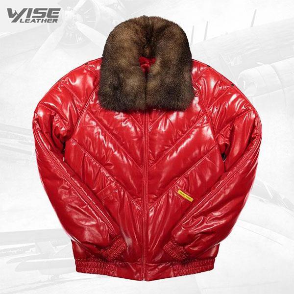 Red Lamb Skin Leather V-Bomber Jacket
