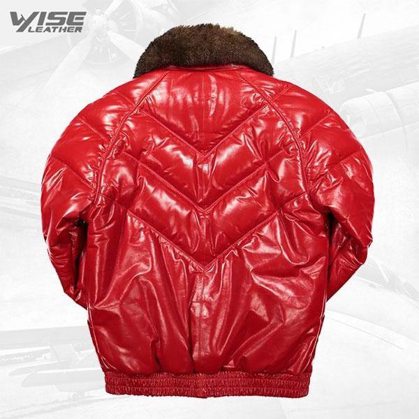 Red V-Bomber Lamb Skin Leather Jacket with Fox Collar