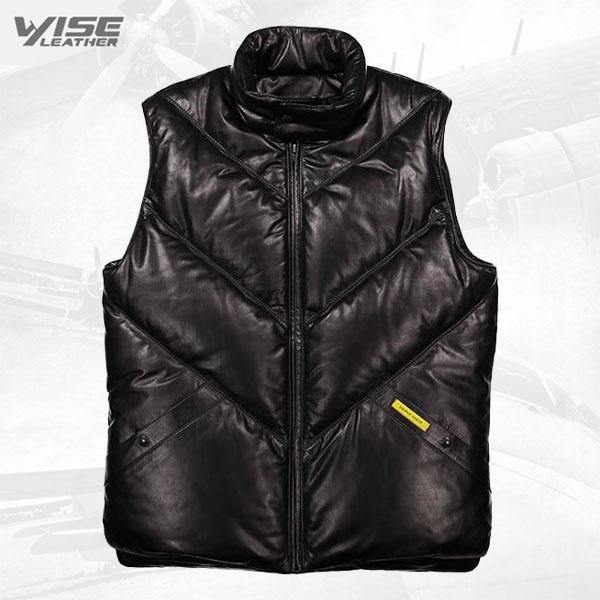 Black Leather Bomber Vest with Fox Collar for Men