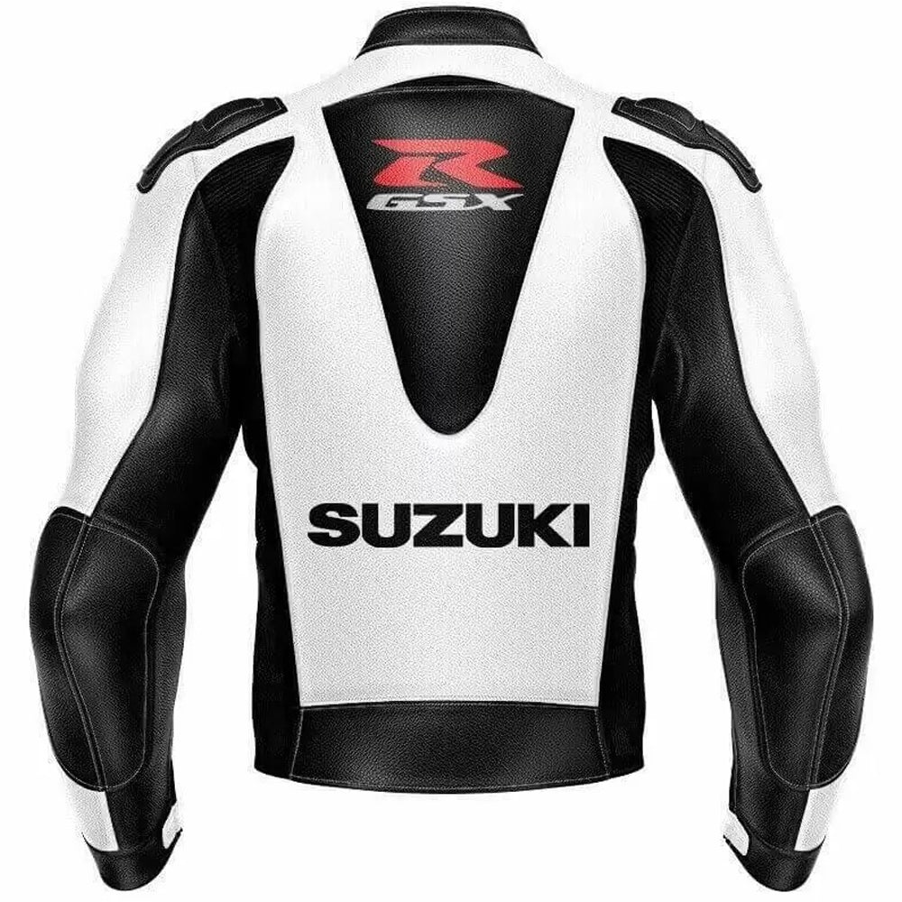 White Black Suzuki GSXR Motorcycle Leather Jacket Back