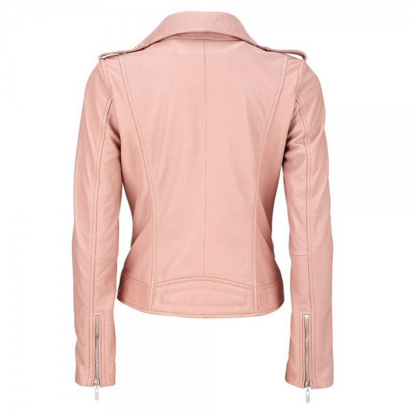 women biker pink leather jacket